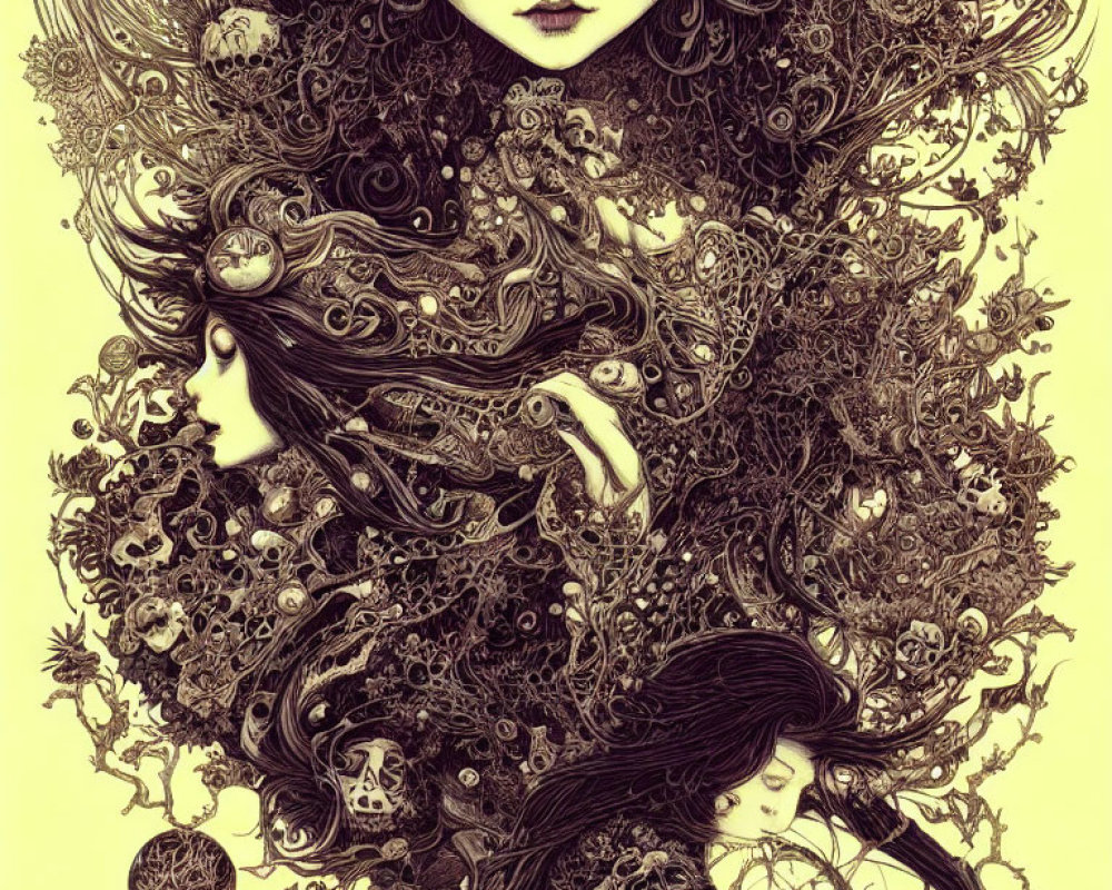 Detailed Sepia-Toned Artwork Featuring Women's Faces in Intricate Design