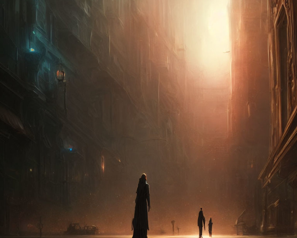 Cloaked figure in futuristic cityscape with towering buildings