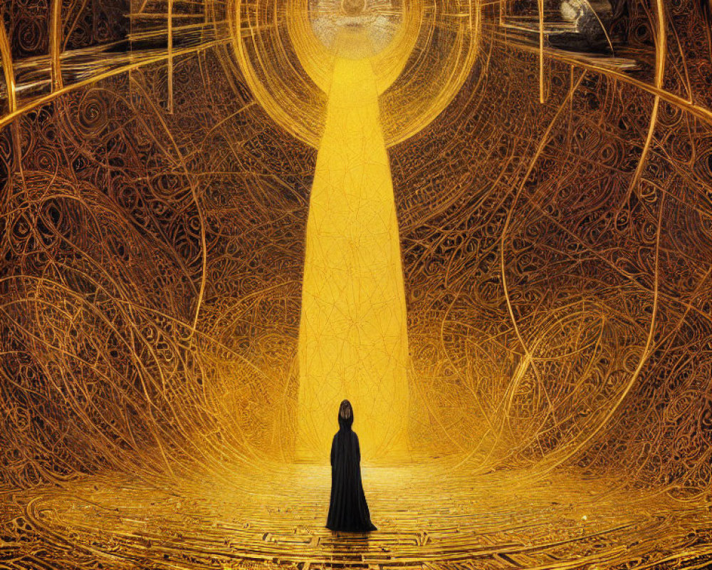 Cloaked Figure in Radiant Golden Beam in Circular Universe