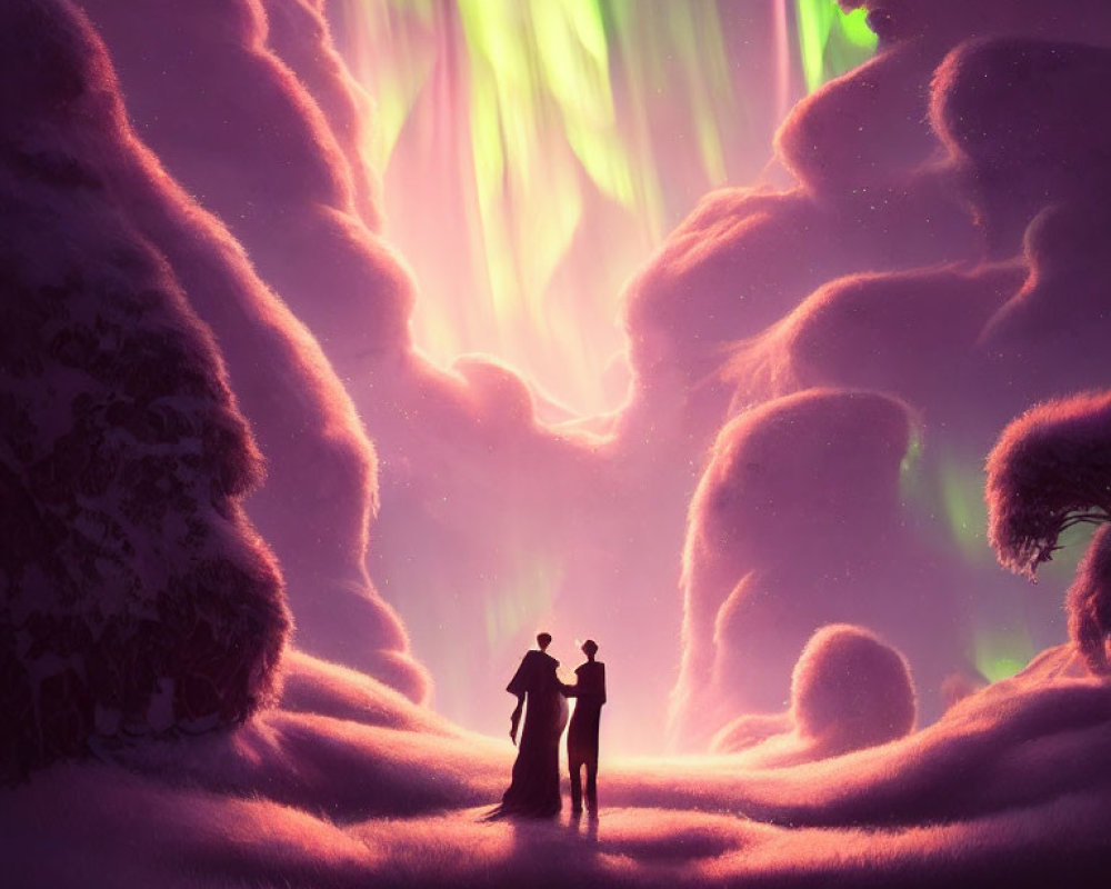 Couple in snowy landscape under vibrant aurora borealis