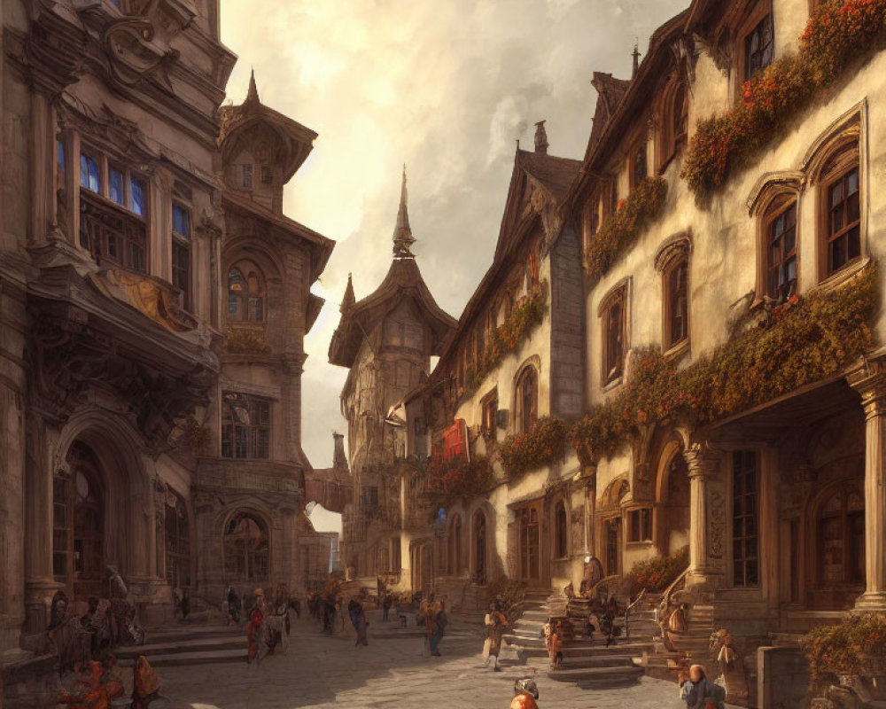 Historic European Town Square with Sunlit Stone Buildings