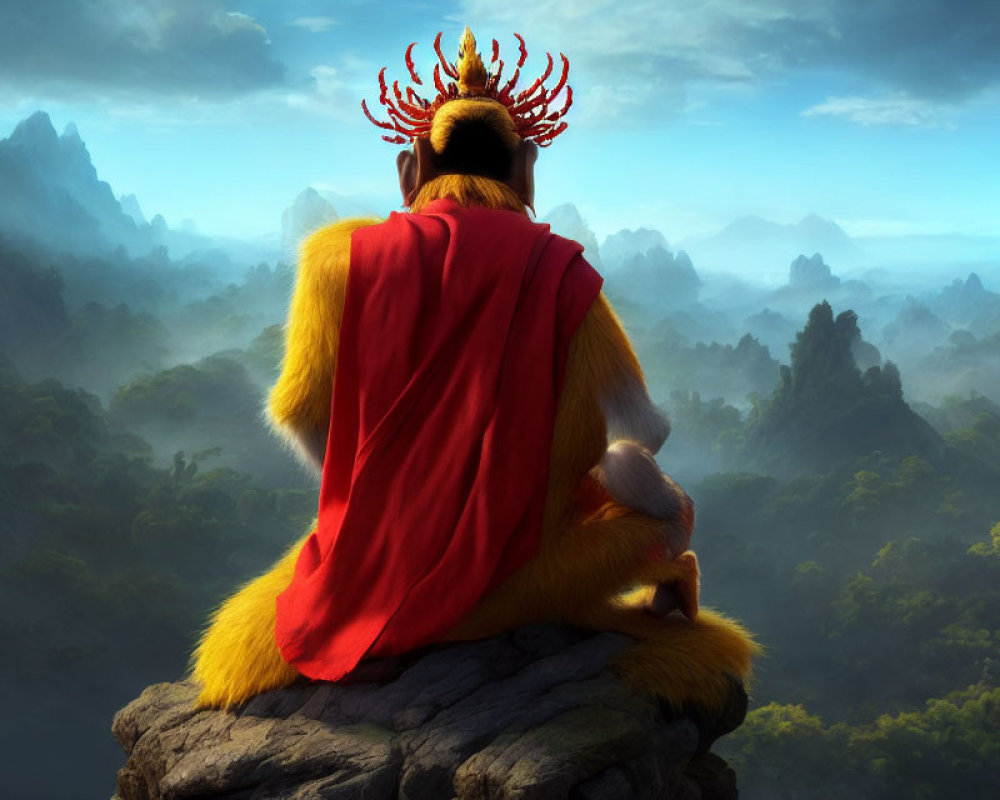 Regal monkey with red cape and crown overlooking misty mountains