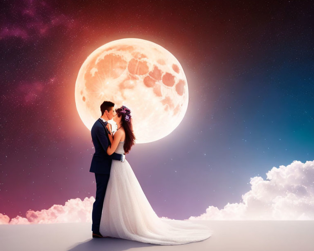 Wedding couple embraces under full moon in cosmic scene