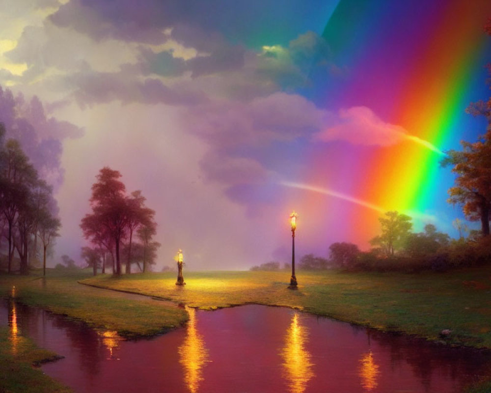 Colorful rainbow over peaceful park with glowing street lamps reflected in river at dusk