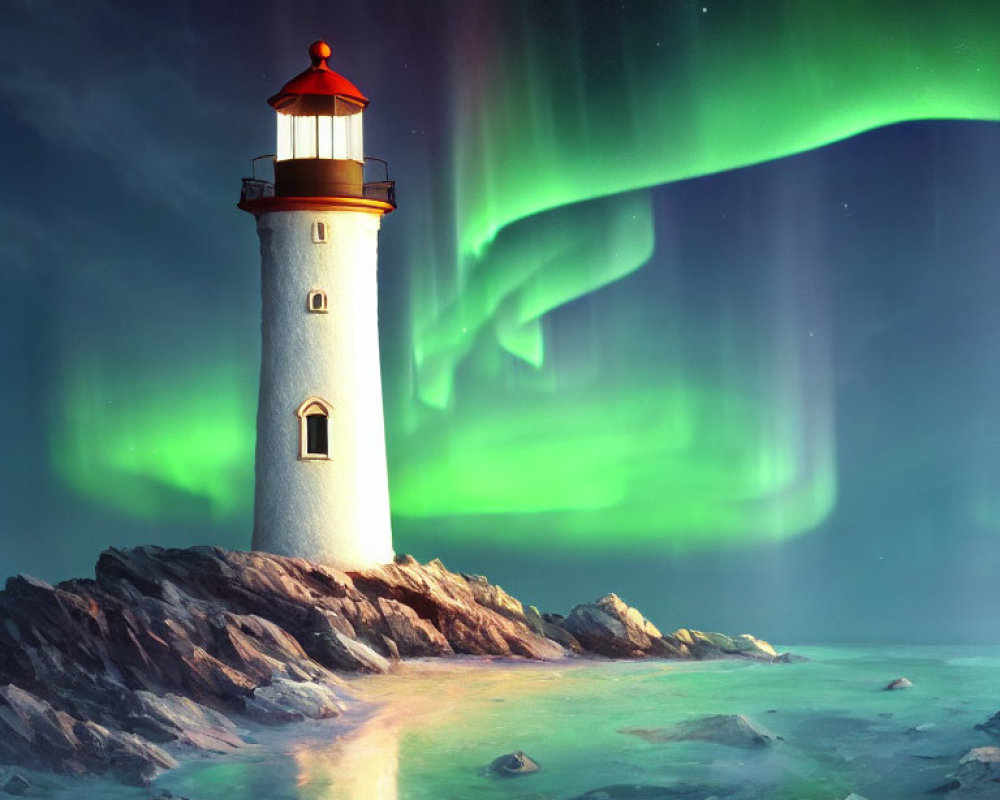 Rocky shore lighthouse with lit beacon and green aurora borealis at night