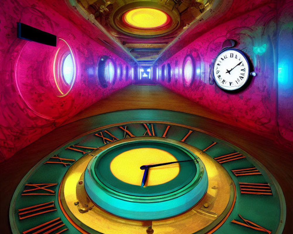 Colorful surreal corridor with clock-themed walls and large clock faces depicted.