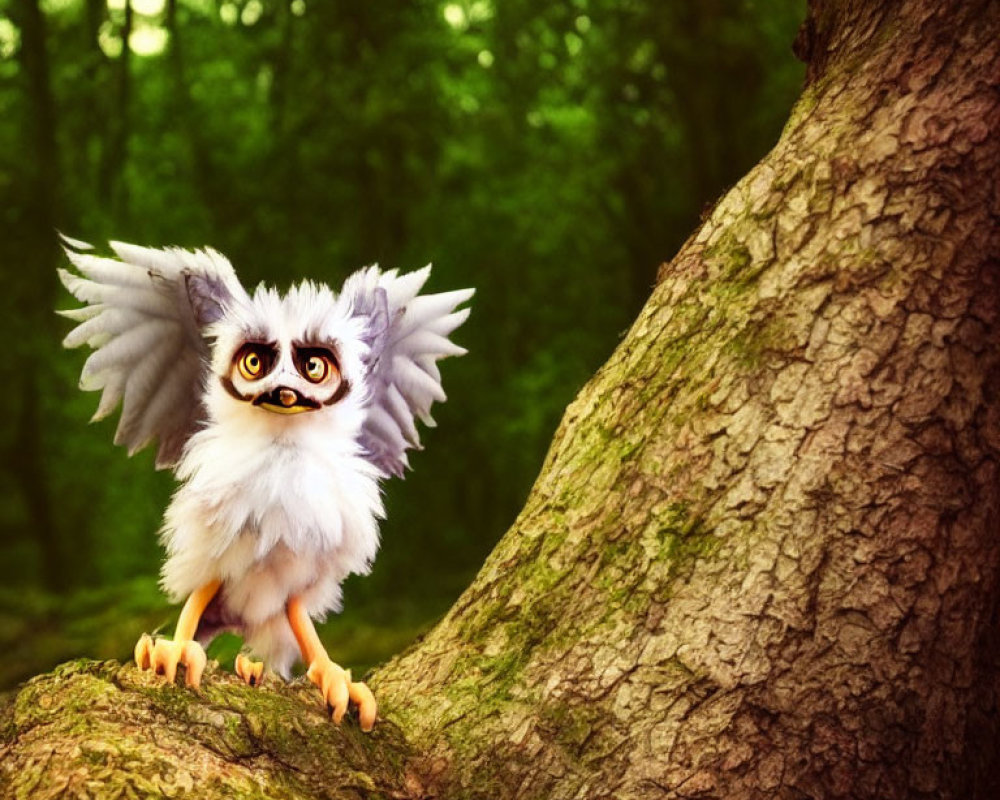 Animated owl-like creature with expressive eyes perched on tree branch