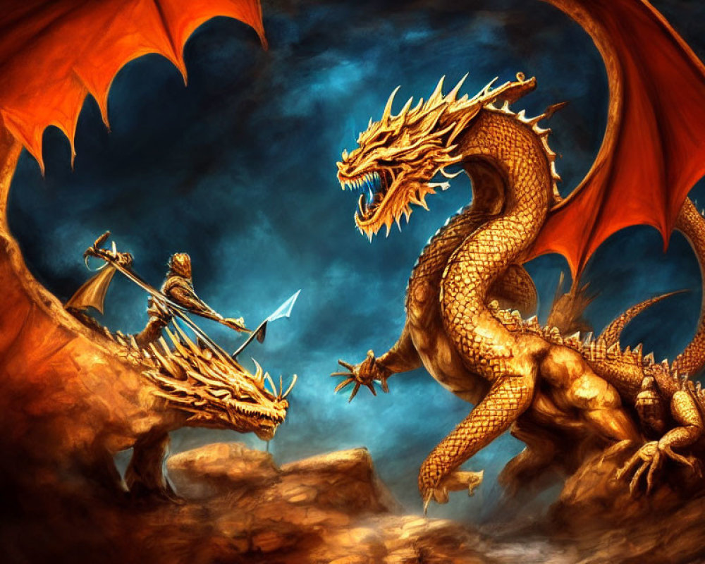 Knight confronts golden dragon in fiery sky