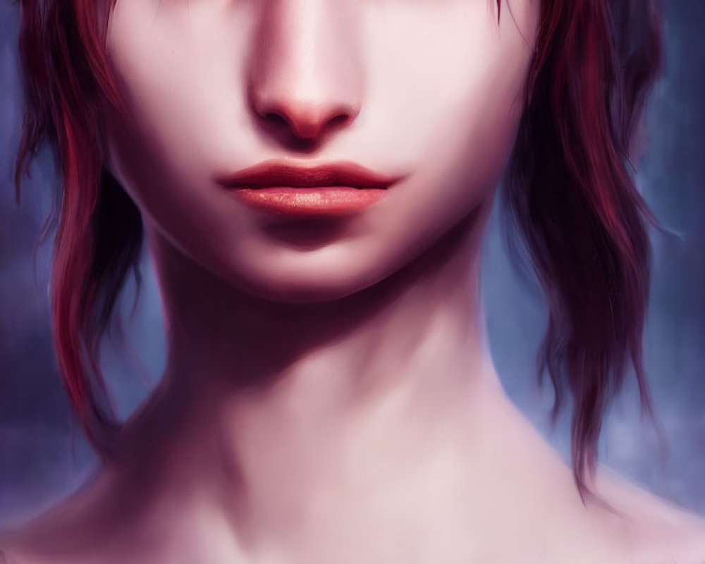 Digital painting of mystical female figure with yellow eyes, pointed ears, and red hair