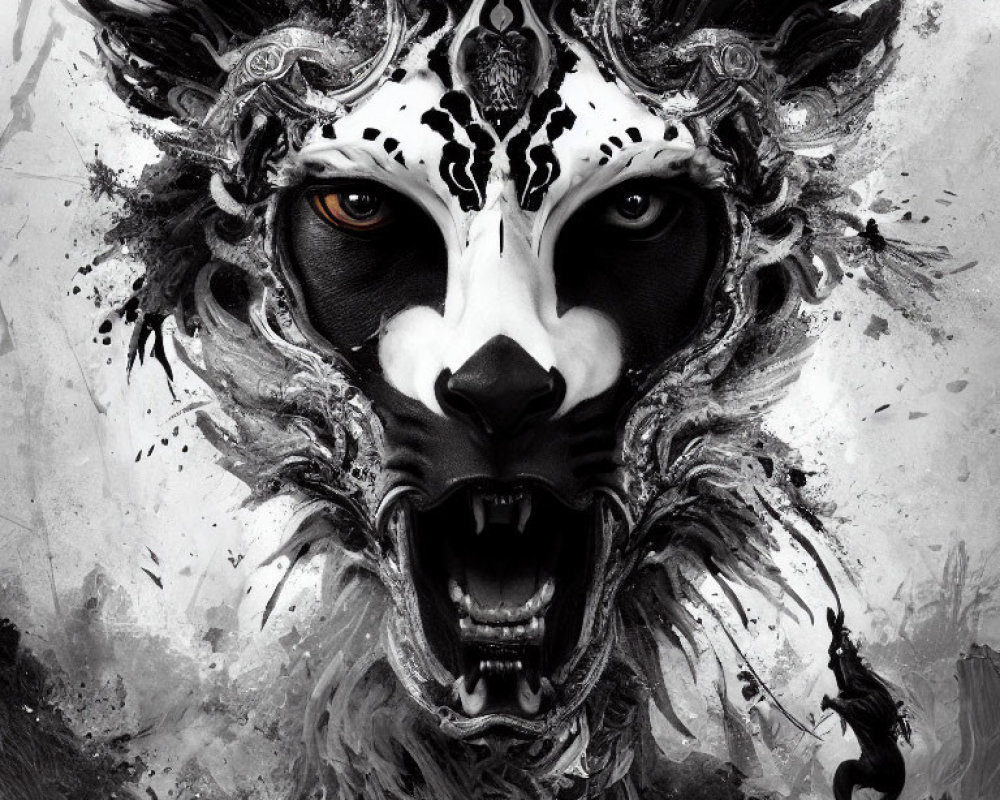 Monochrome artistic depiction of fierce mythical lion with intricate facial markings and small human figure.
