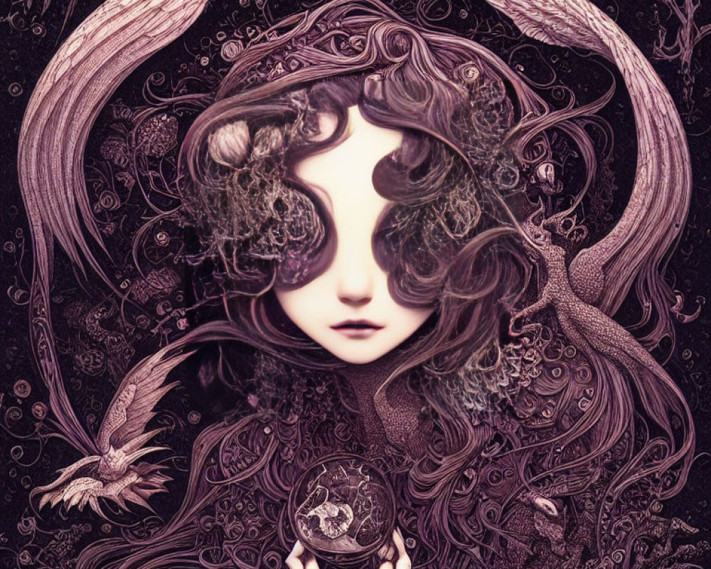 Detailed surreal portrait of female figure with flowing hair and symbolic imagery