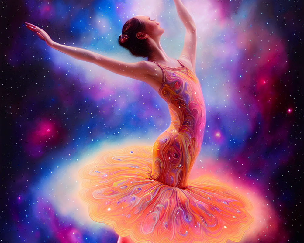 Vibrant swirling dress ballerina dances in cosmic backdrop