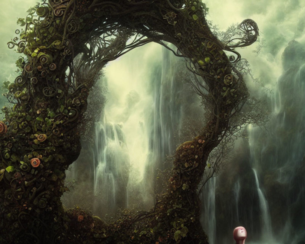 Enchanted archway with twisted vines and mystical waterfall in foggy forest