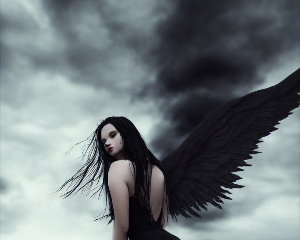 Dark-winged figure in black dress against stormy sky