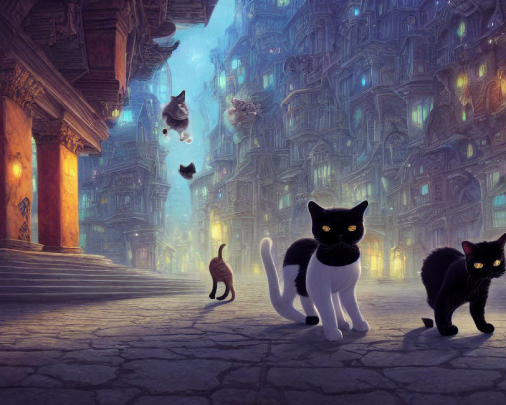 Whimsical black cats in mysterious foggy cityscape