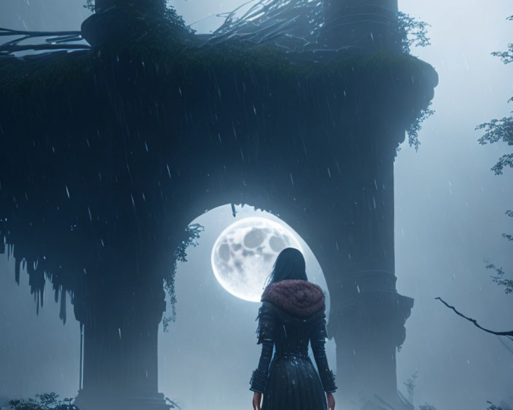 Person standing before ancient ruins in moonlit rainstorm