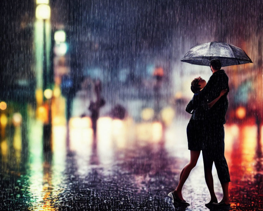 Couple embracing under umbrella in rain-drenched city street