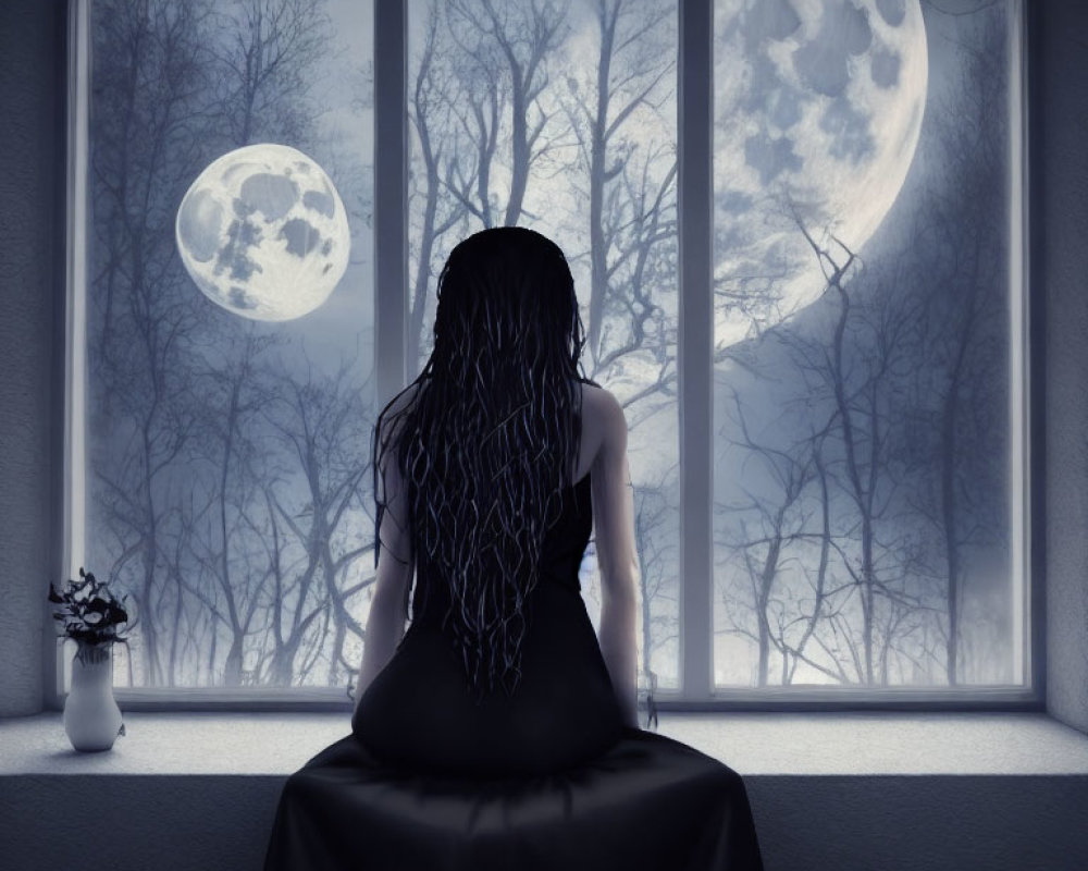 Long-haired person gazes at full moon through window in moonlit night with bare trees.