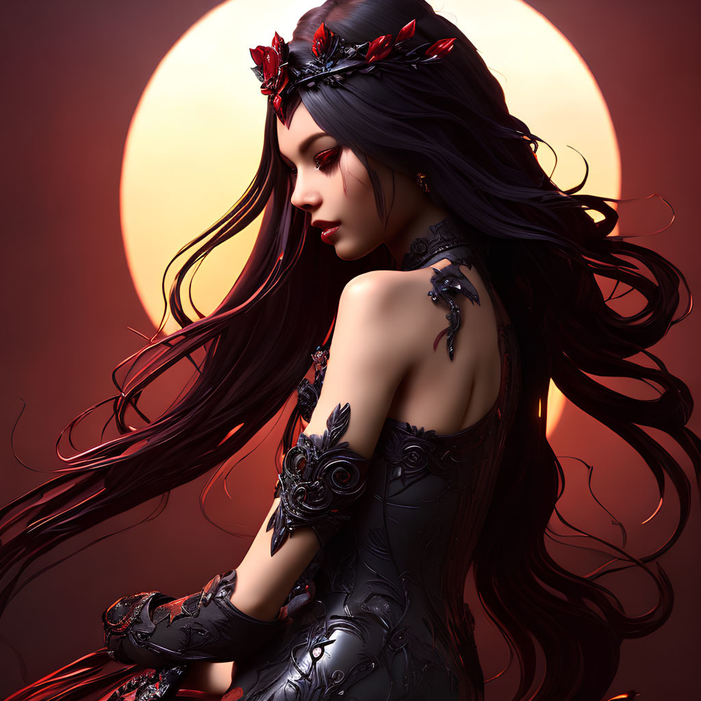 Digital illustration: Woman with long hair, dark dress, headpiece, large moon.