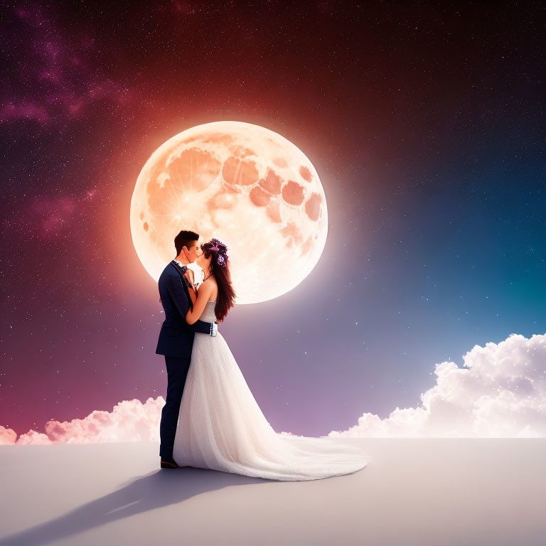 Wedding couple embraces under full moon in cosmic scene