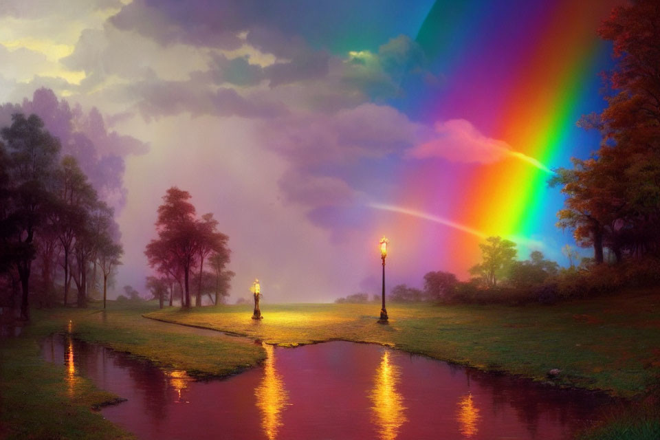 Colorful rainbow over peaceful park with glowing street lamps reflected in river at dusk