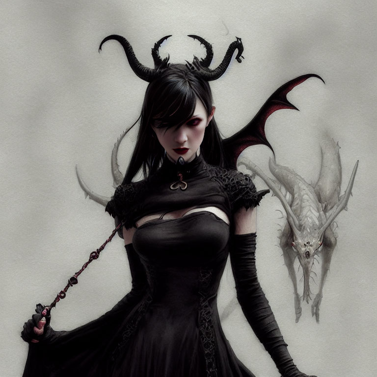 Gothic fantasy illustration of woman with dark makeup and horned headpiece holding a leash to dragon