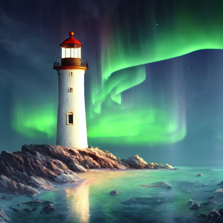 Rocky shore lighthouse with lit beacon and green aurora borealis at night