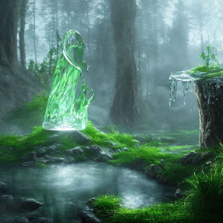 Translucent Green Cloaked Figure in Enchanting Forest Pond