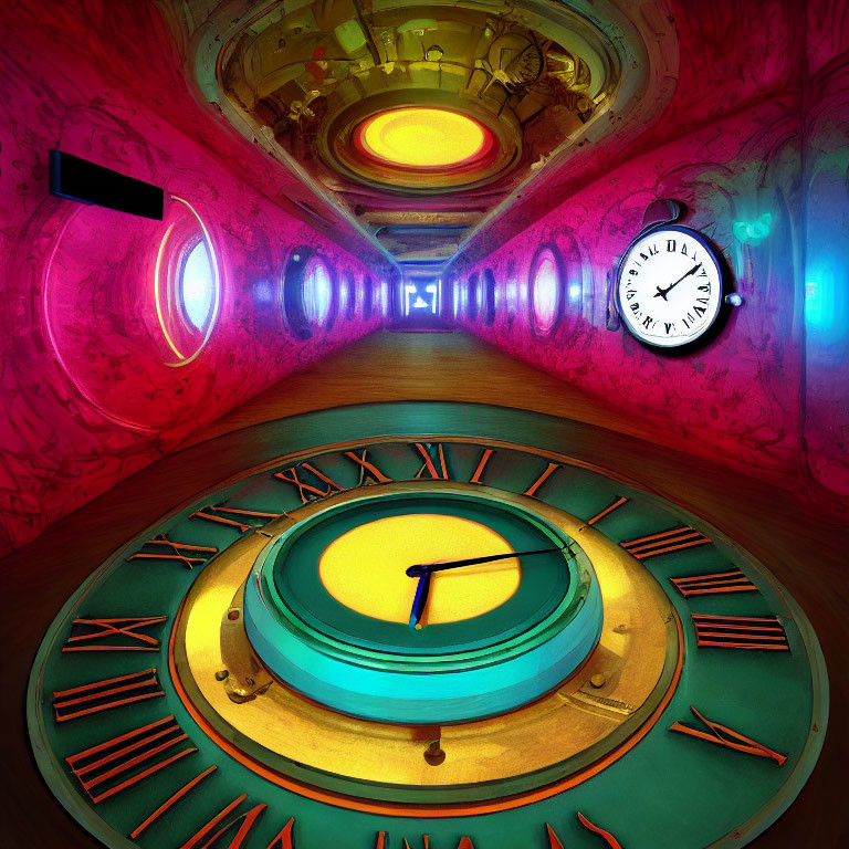 Colorful surreal corridor with clock-themed walls and large clock faces depicted.