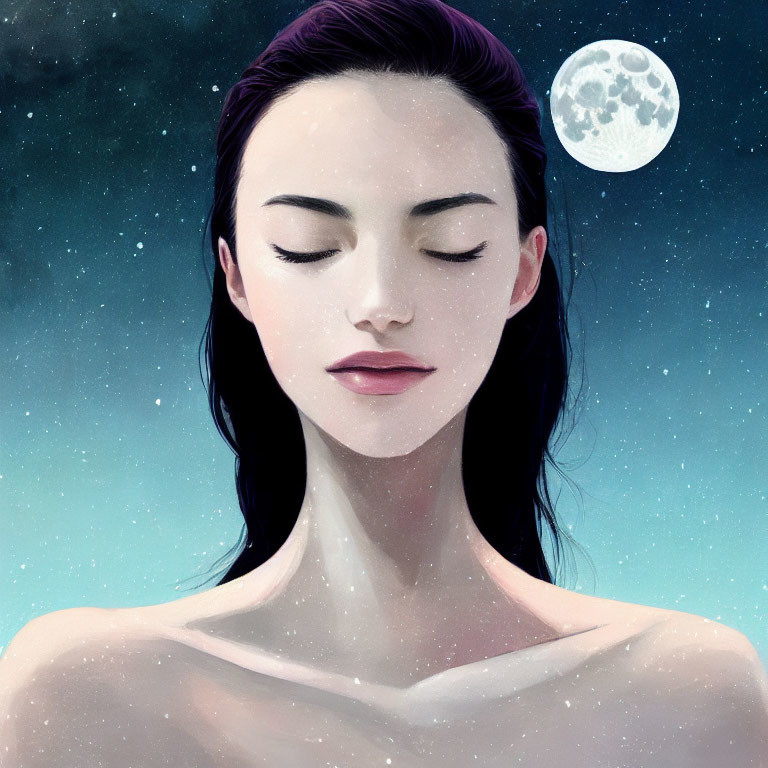 Illustration of woman with closed eyes under full moon