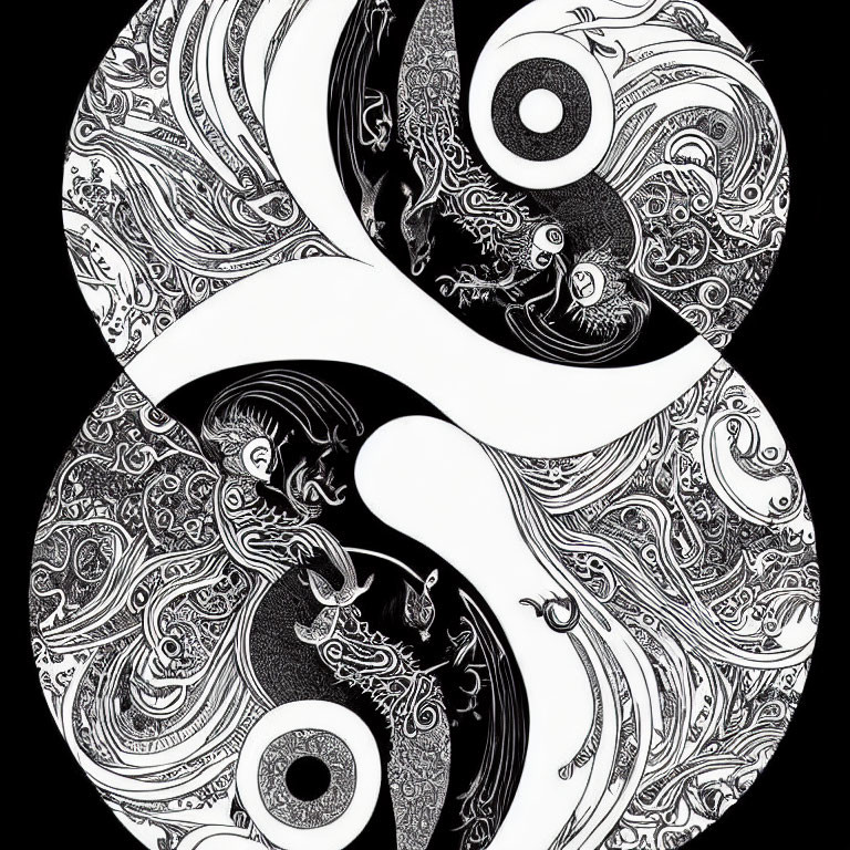 Detailed Black and White Yin-Yang Symbol with Intricate Patterns