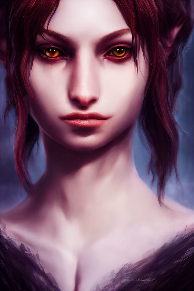 Digital painting of mystical female figure with yellow eyes, pointed ears, and red hair