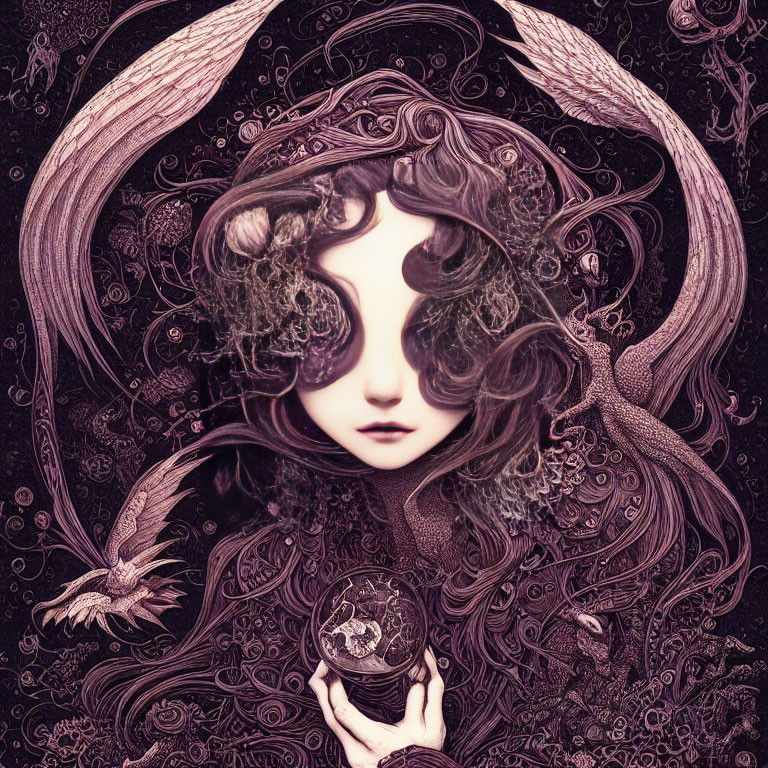 Detailed surreal portrait of female figure with flowing hair and symbolic imagery