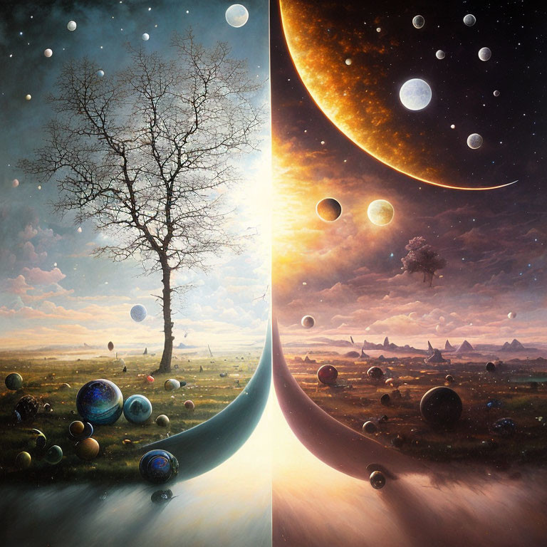 Surreal landscape with lone tree, planets in sky, crescent road.