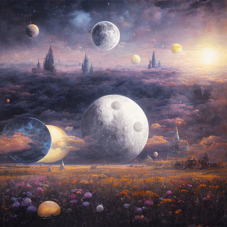 Surreal landscape with multiple moons, flower-filled field, and spired buildings.