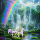 White Unicorns in Green Forest with Waterfalls & Rainbow