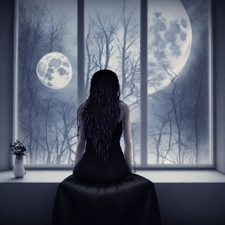 Long-haired person gazes at full moon through window in moonlit night with bare trees.