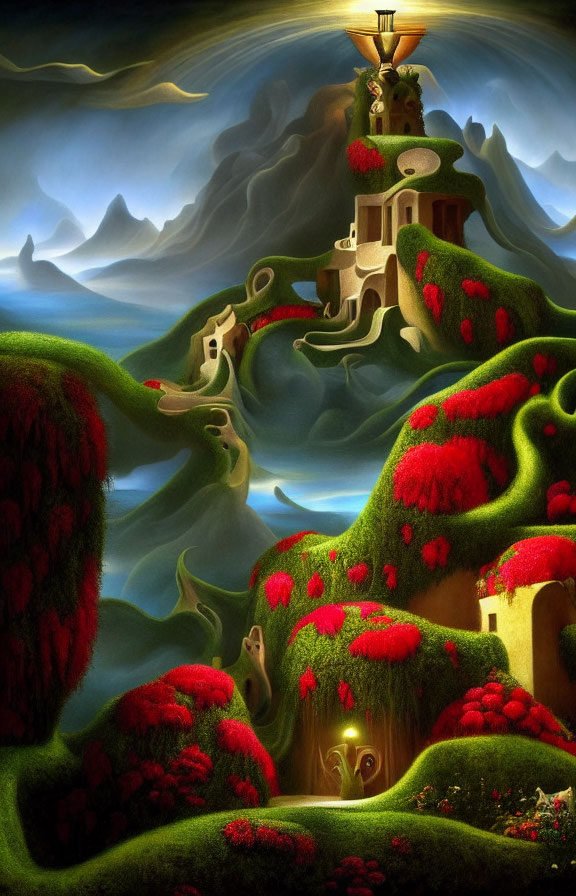 Fantastical landscape with red-flowered hills, whimsical houses, and ominous sky