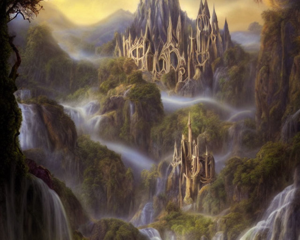 Majestic fantasy landscape with waterfalls, mountain, castles, and yellow sky