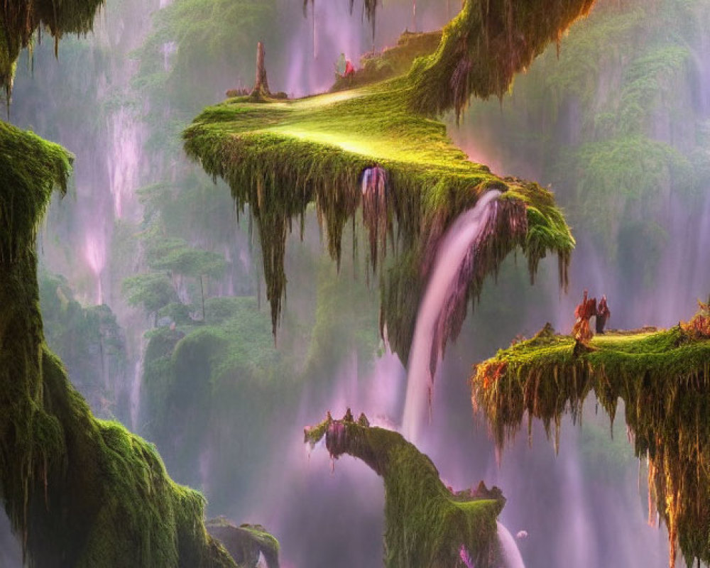 Fantastical forest landscape with floating islands and waterfalls