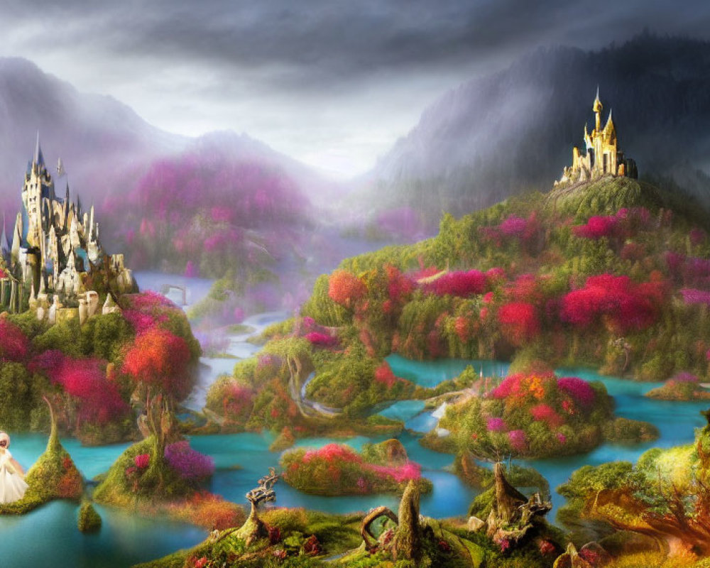 Majestic castle in lush landscape with misty mountains and serene lake