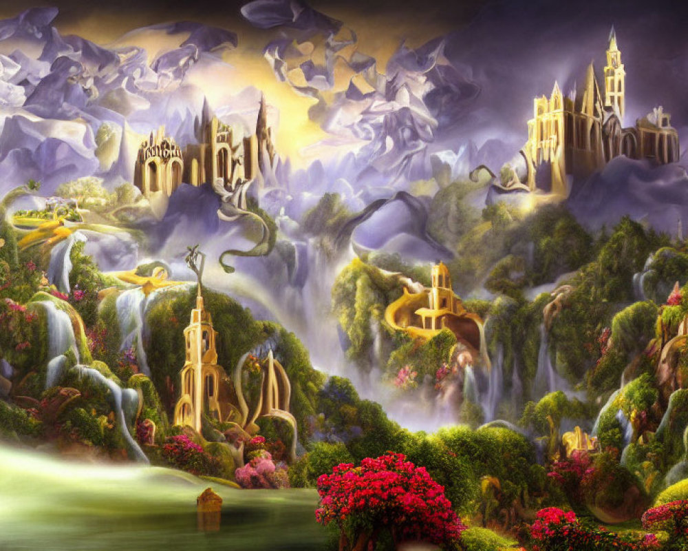 Ethereal landscape with castles, waterfalls, lush flora, and twilight sky