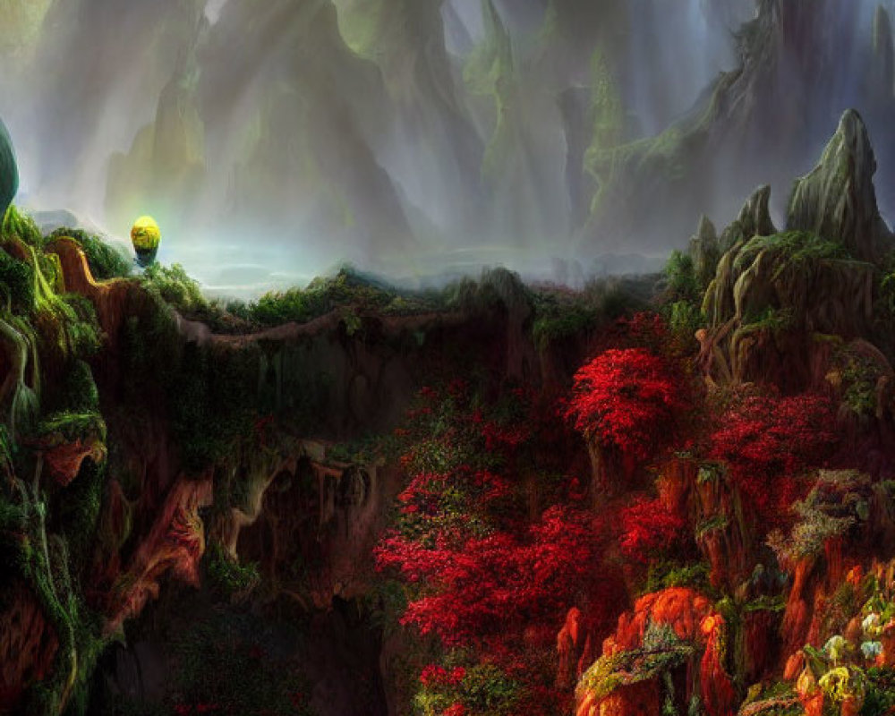 Vibrant flora, misty mountains, and deep chasms in fantastical landscape