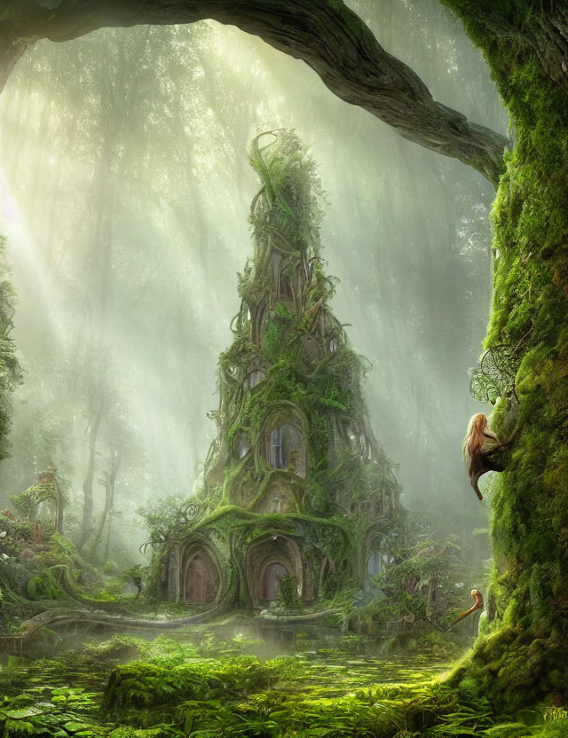 Enchanting forest scene with towering treehouse and sunbeams