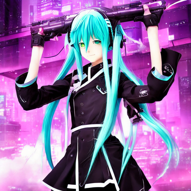 Female anime character with teal hair and futuristic gun in cyberpunk city.