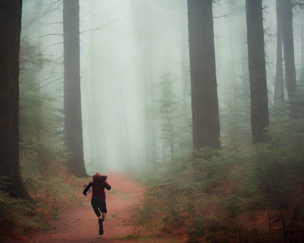 Red Hoodie Jogger in Misty Forest with Tall Trees