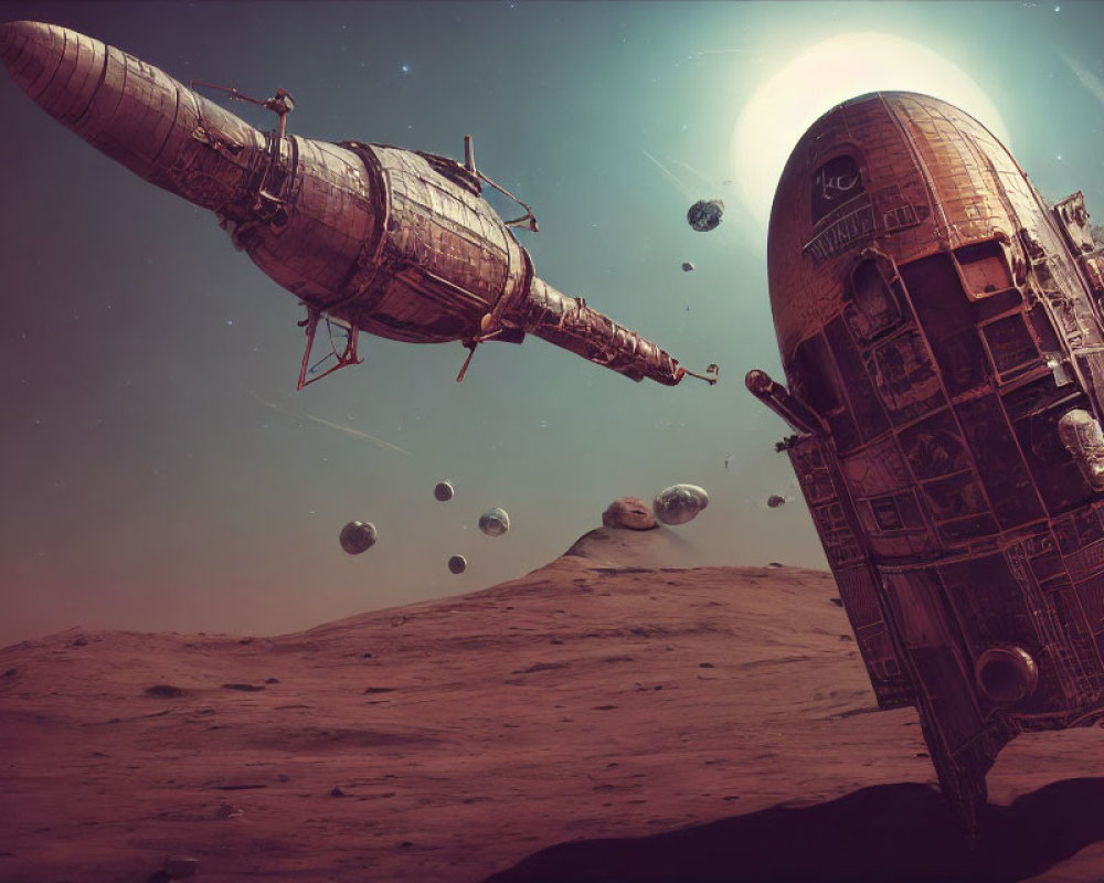 Futuristic spaceships over rocky alien landscape with sun