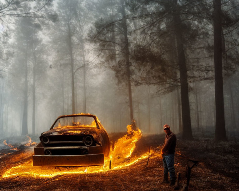 Person beside burning classic car in foggy forest with shovel as flames engulf front end