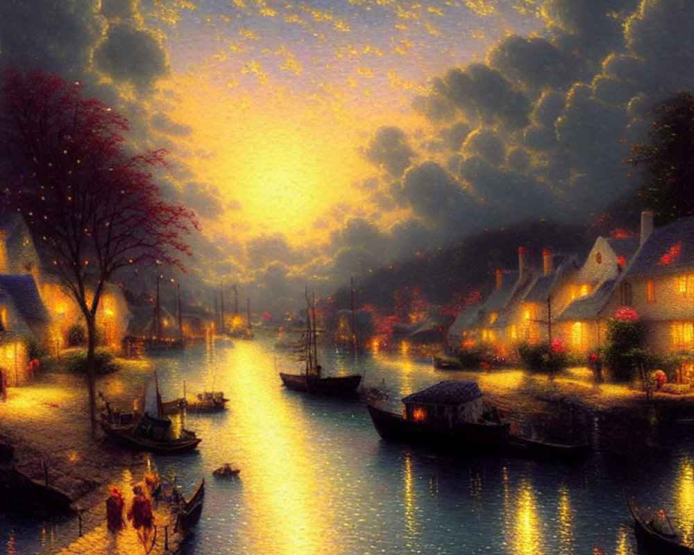 Golden sunlight illuminates village harbor with boats and warmly lit houses