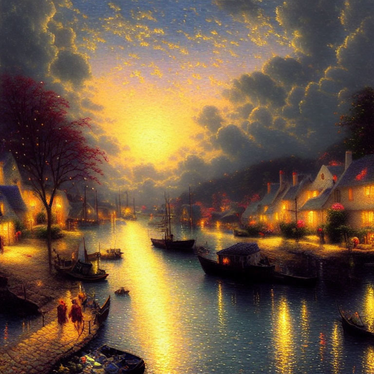 Golden sunlight illuminates village harbor with boats and warmly lit houses